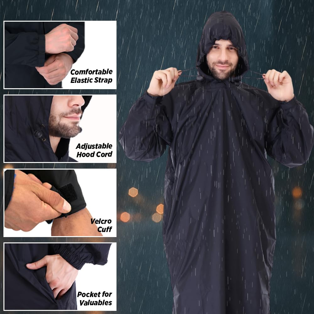 ROCKSPORT Waterproof Rain Poncho for Men and Women l Lightweight, Reusable & Pocket Packing Design - Free Size, Black 1