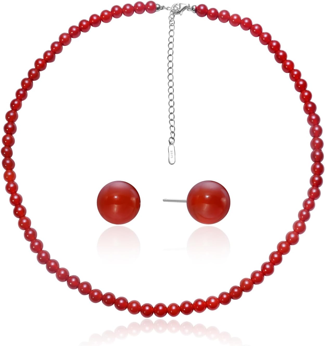 ARSIS Women’s Red Agate Bead Necklace with Matching Stud Earrings, Jewelry Set