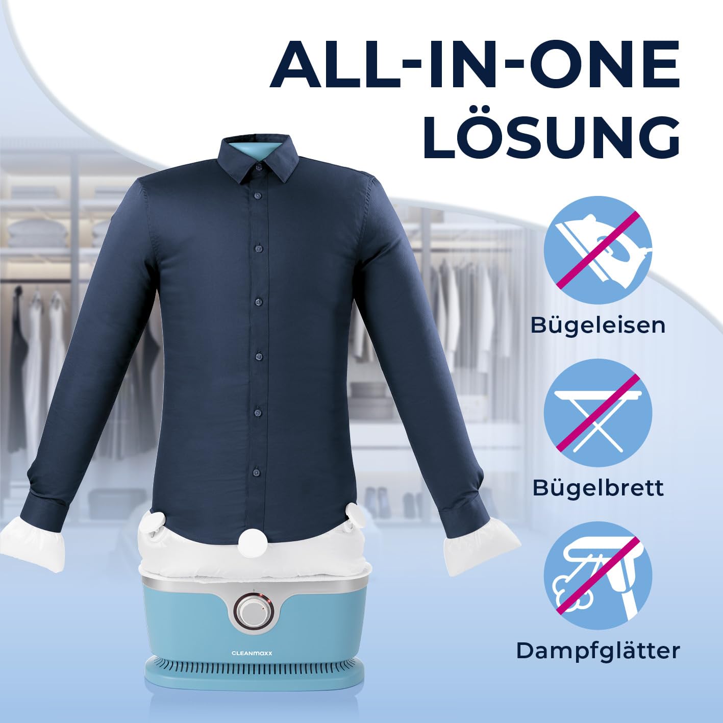 CLEANmaxx automatischer Hemdenbügler PRO | Ersetzt Bügeleisen, Bügelbrett, Dampfglätter und Steamer | Bügelgerät mit Bügelpuppe für Hemden, Blusen & Shirts | innovativ & effizient