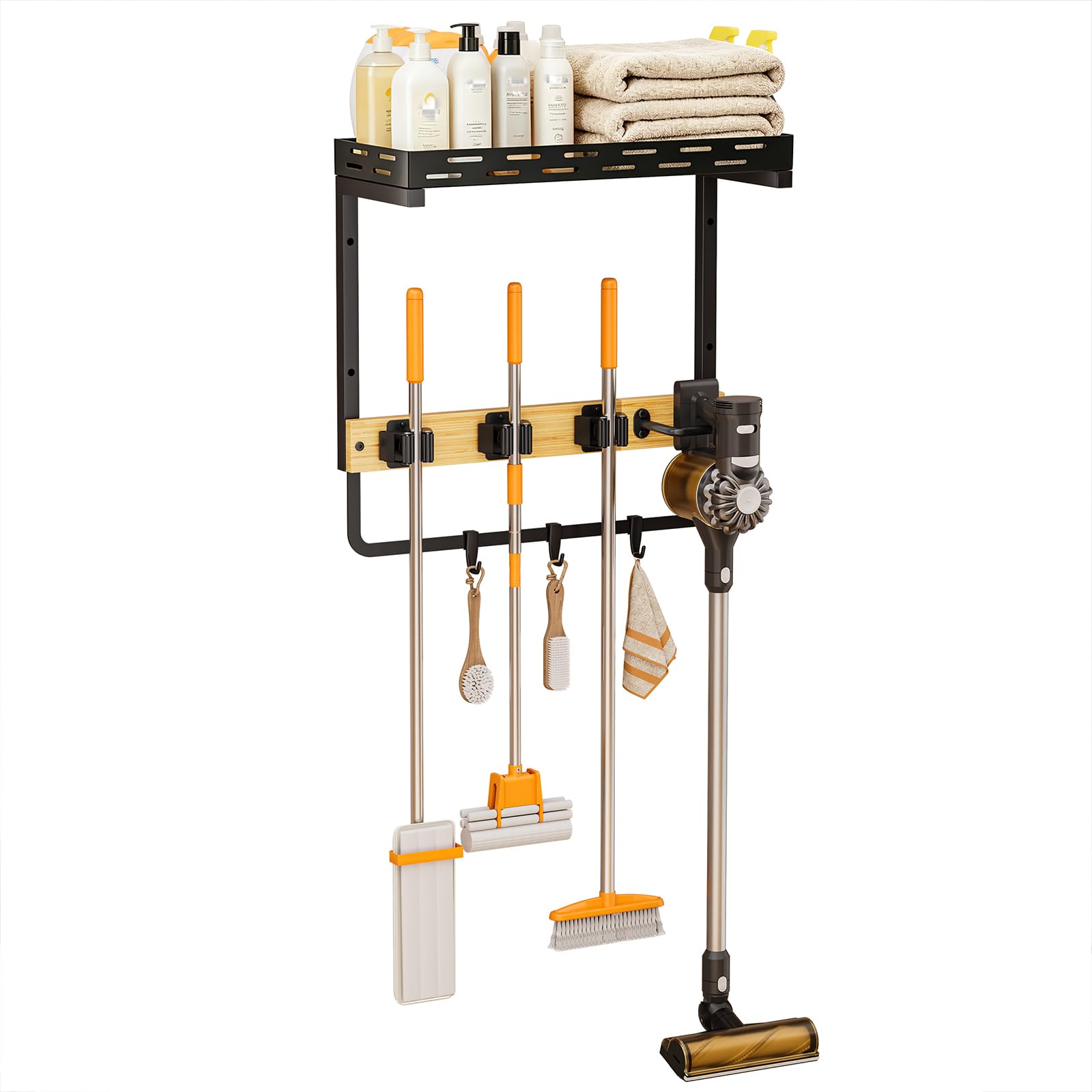 Soporte para escoba montado en la pared con estante, organizador de herramientas de limpieza de metal resistente, estante de almacenamiento al vacío con ganchos para cocina, baño, lavadero