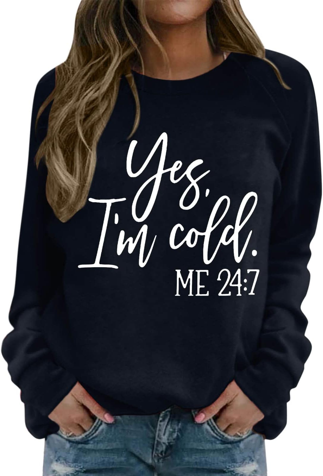 AsijaSweatshirts for Women Uk, Womens Sweatshirts Yes I'm Cold Letter Printing Crew Neck Sweatshirt Autumn and Winter Long Sleeve Jumpers Chunky Comfort Plus Size Blouse Loose Sportswear Tops