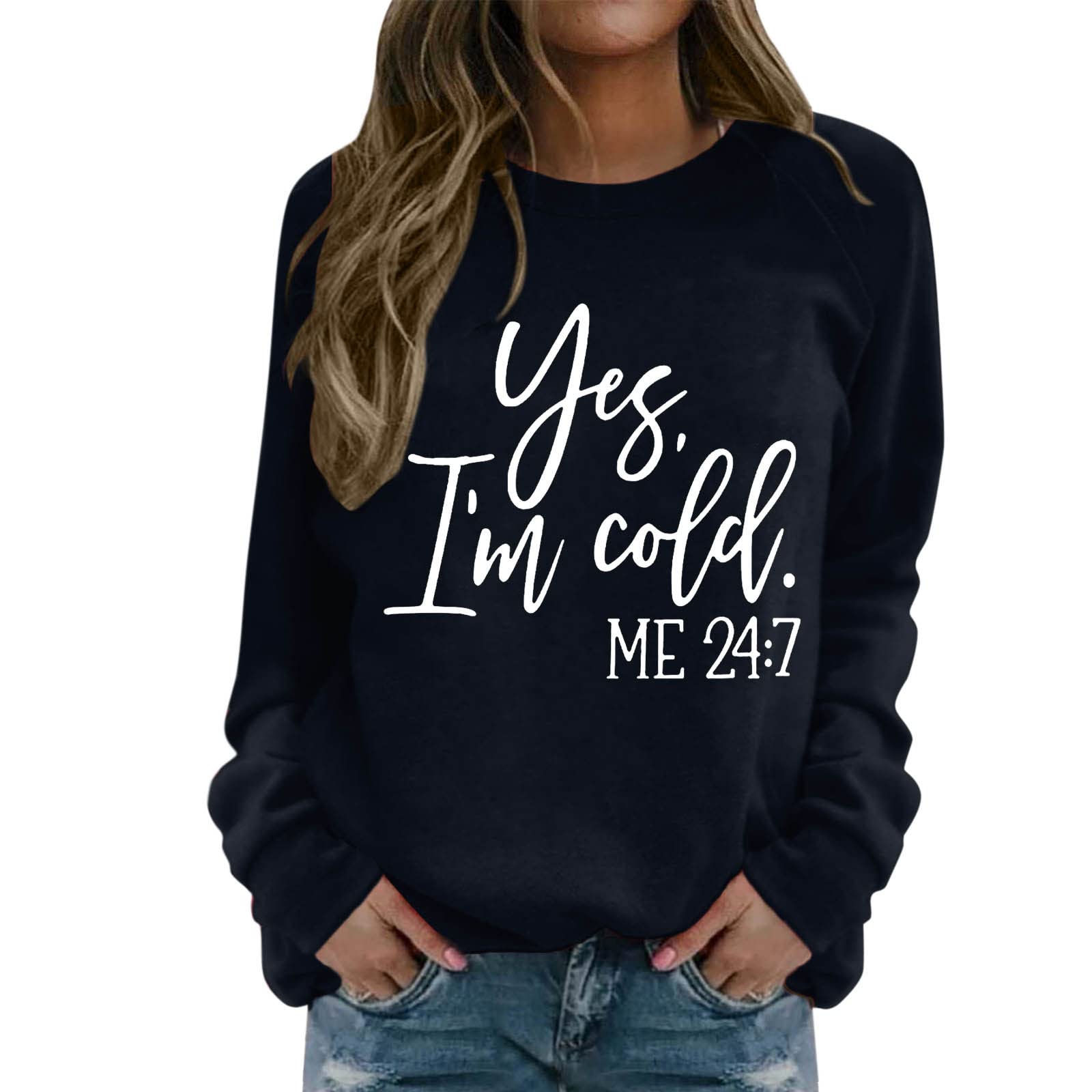 AsijaSweatshirts for Women Uk, Womens Sweatshirts Yes I'm Cold Letter Printing Crew Neck Sweatshirt Autumn and Winter Long Sleeve Jumpers Chunky Comfort Plus Size Blouse Loose Sportswear Tops