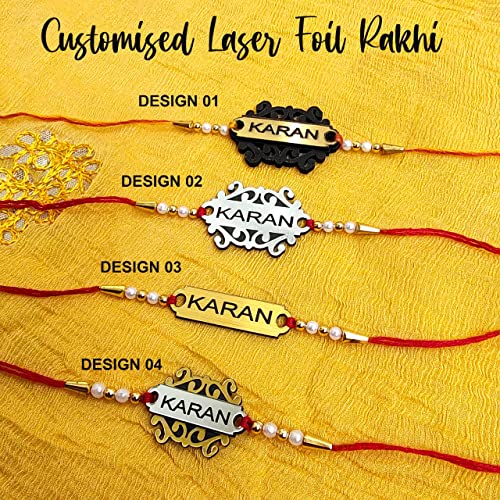 Image of SAVRI Personalized Laser Foil Rakhi With Name engraved on it. Best gift for Brother on Rakshabandhan, latest and trendy Rakhi for Bhai on Bhai dooj | Name waali Rakhi. Selet any one design only.