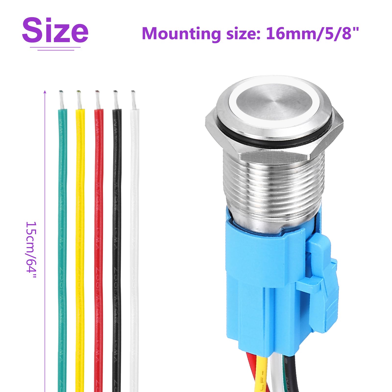 DMiotech 5 Pack 16mm / 5/8" Stainless Steel Latching Push Button Switch Flat Head 5A 12-24V Silver Shell 5 Pin with Cable Socket White Ring LED 1NO1NC for Car Boat Systems Custom Setups - Image 4