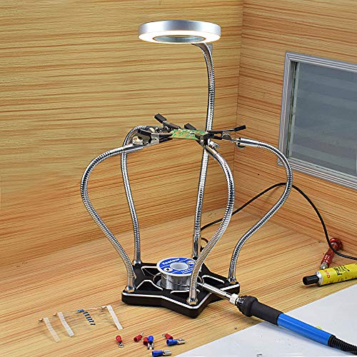 Helping Hand Third Hand Soldering Tools Flexible 360° Stainless Steel Arms 3X Magnifying Lamp with Heavy Duty Aluminum Base and Rotary Clips for PCB Board Repair,Jewelry Maker