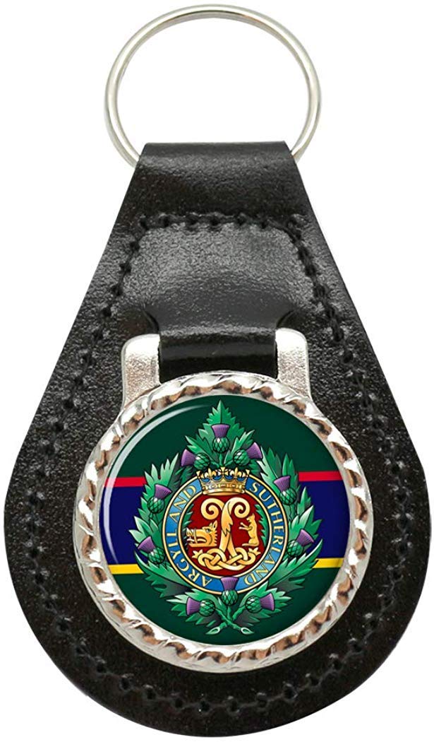 Giftshop Uk Unisex Black Leather And Silver Metal Argyll And Sutherland Highlanders, British Army Leather Key Fob
