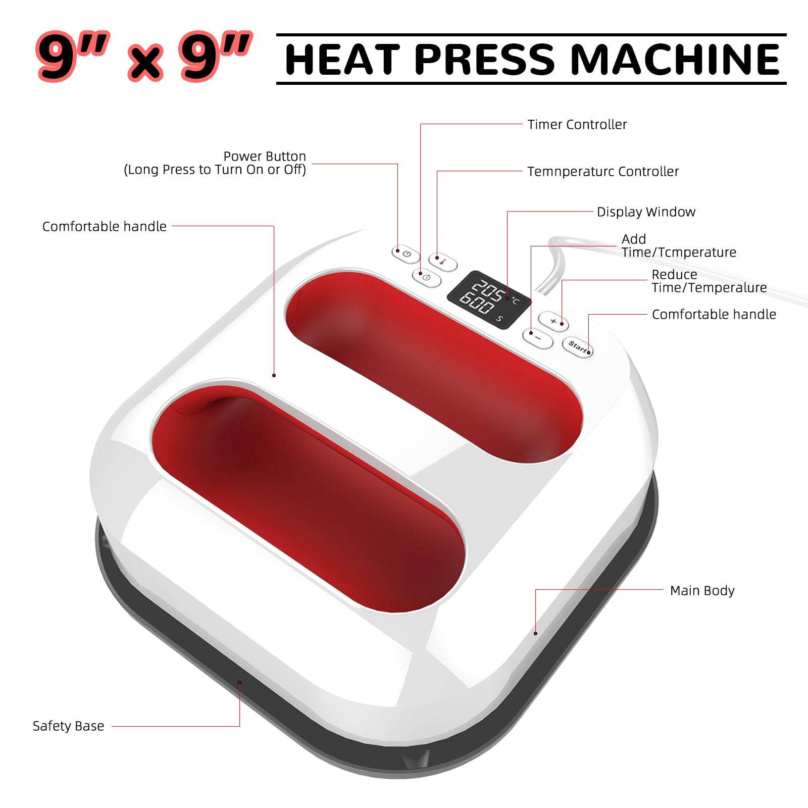 Pressa a Caldo, Pressa a Caldo per Magliette 2 in 1, Mini Pressa a Caldo(9" x 9"), Termopressa, Stampante per Tessuti, Stampante per Magliette/Cappelli/Borse/Cotone/Poliestere