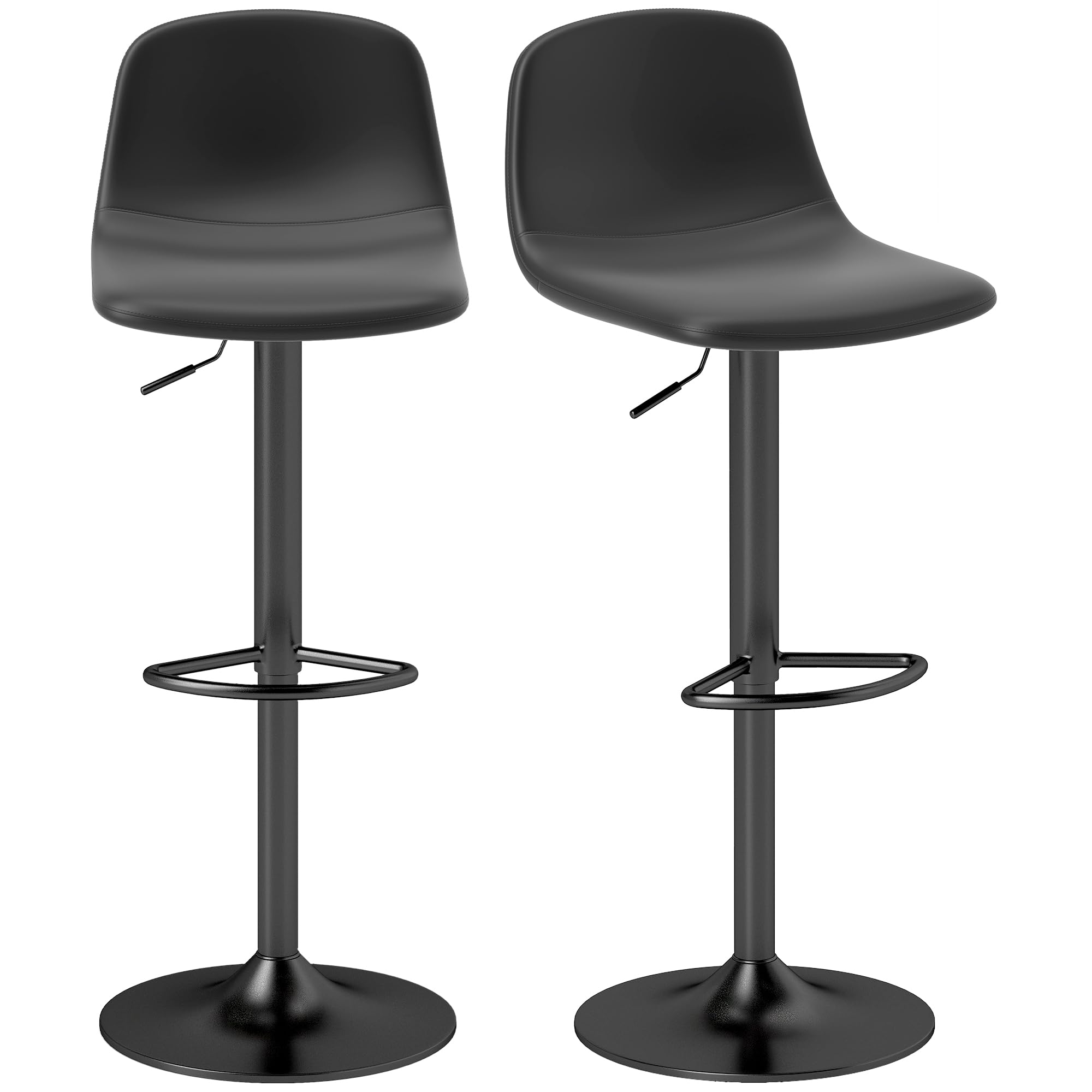 HOMCOM Juego de 2 Taburetes de Bar Taburetes Altos de Cocina Regulable en Altura 84-104 cm con Respaldo y Reposapiés Tapizado en PU Giratorio en 360° para Comedor Mostrador Negro