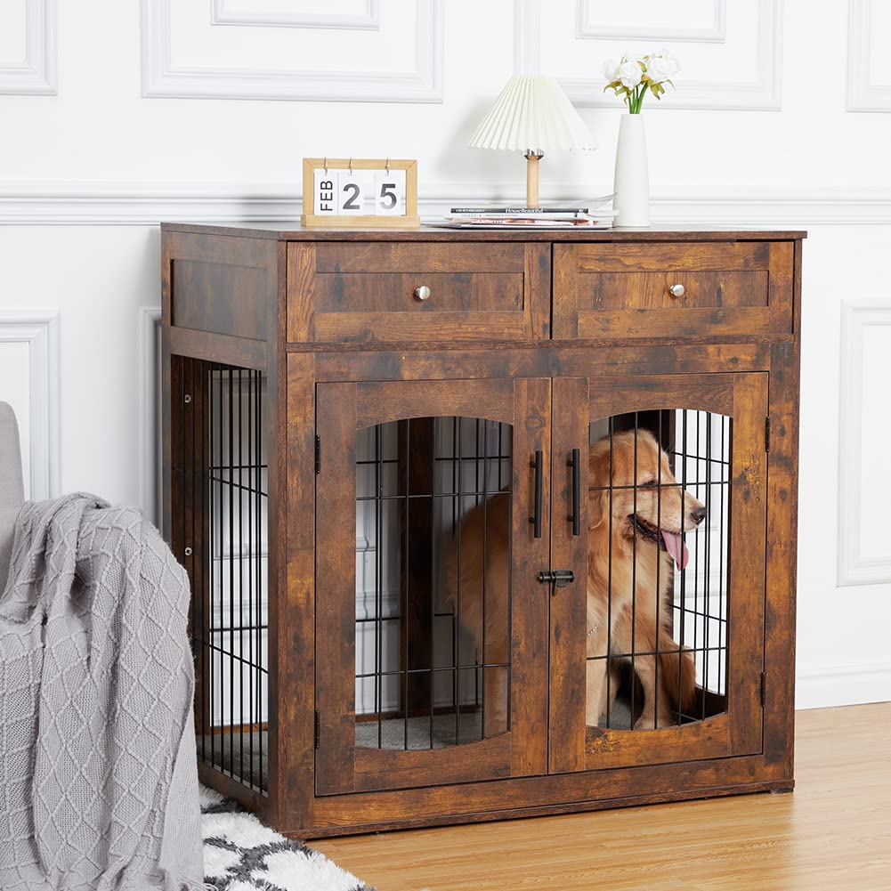 Dog Crate Furniture with Cushion,Wooden Dog Crate Table with 2 Drawers,3-Doors Dog Furniture,Indoor Dog Kennel,Dog House,Dog Cage,Side End Table,Rustic Brown 39.4" L