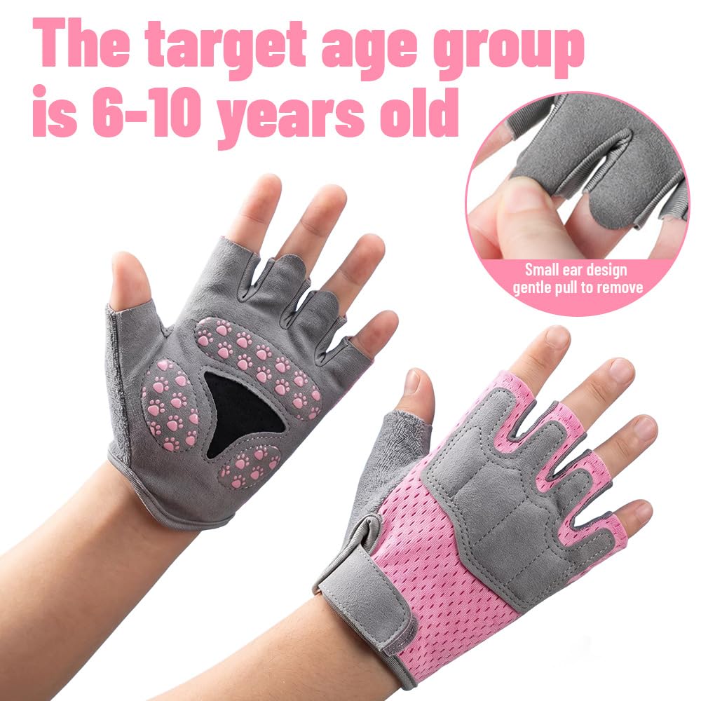 Fahrradhandschuhe Kinder, rutschfeste, Atmungsaktive, Unisex Fingerlose Handschuhe, Schutzpalmen, Kinder Sporthandschuhe für Radfahren, Eislauf, Roller, und Sportarten Im Freien(Rosa)