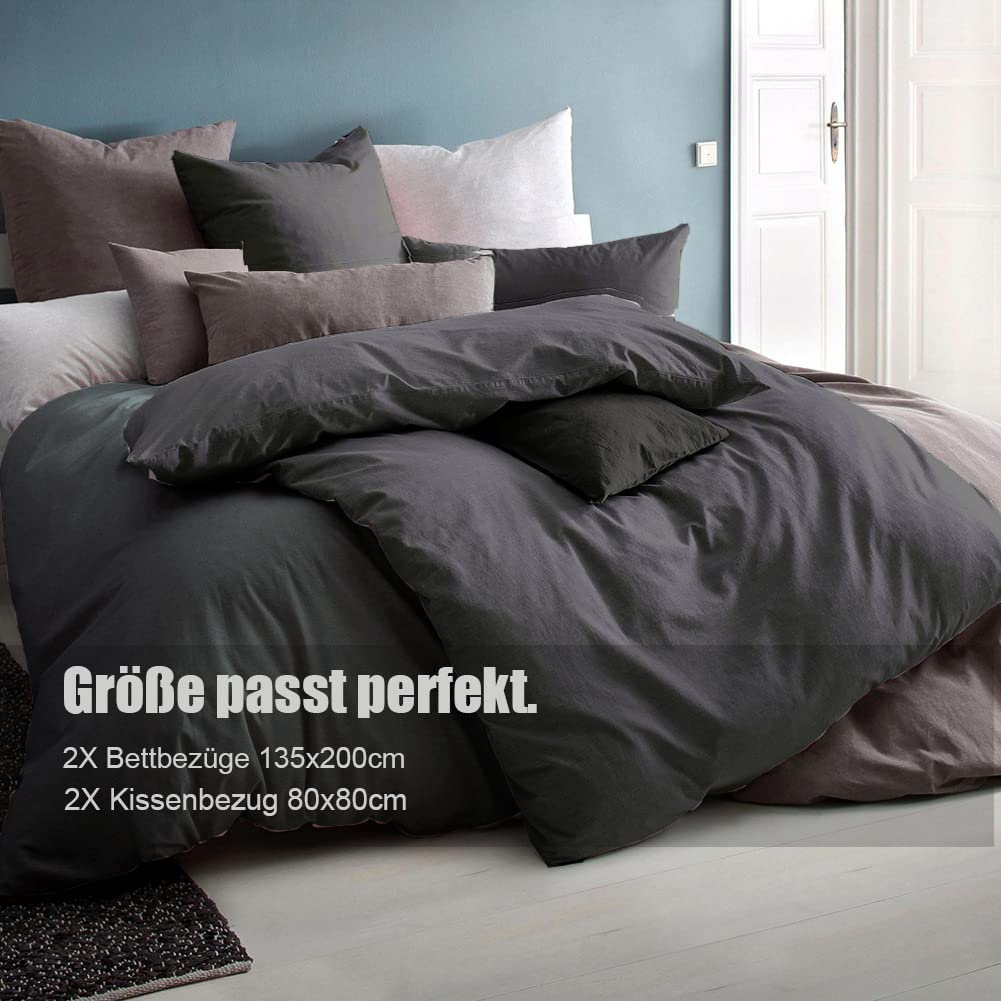 WAVVE Dekbedovertrek Set - 2 dekbedovertrekken 135x200 cm met 2 kussenslopen 40x80 cm - Beddengoed Dekbedovertrek Set van 100% microvezel - Antraciet