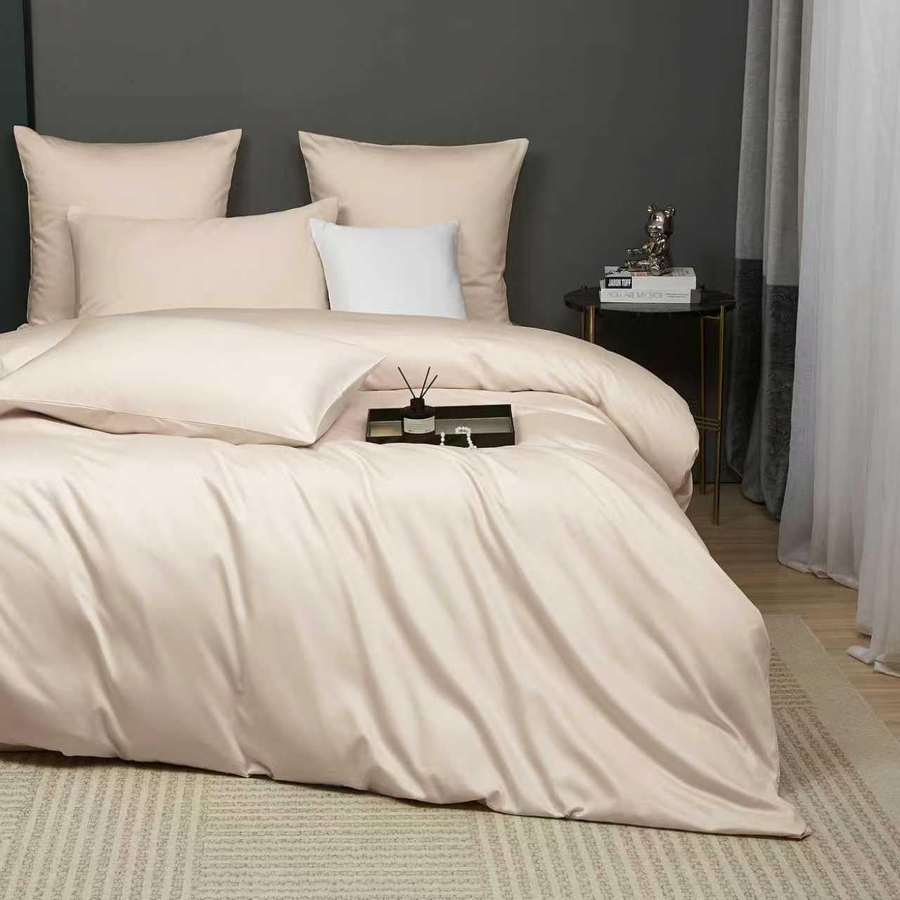 Luofanfei Kühlend Mako Satin Bettwäsche 200x200 Baumwolle Sommer Beige Glatt Muster Atmungsaktiv Bettwäscheset Weich und Bügelfrei Uni Bettbezug und 2 Kissenbezüge 80x80 cm