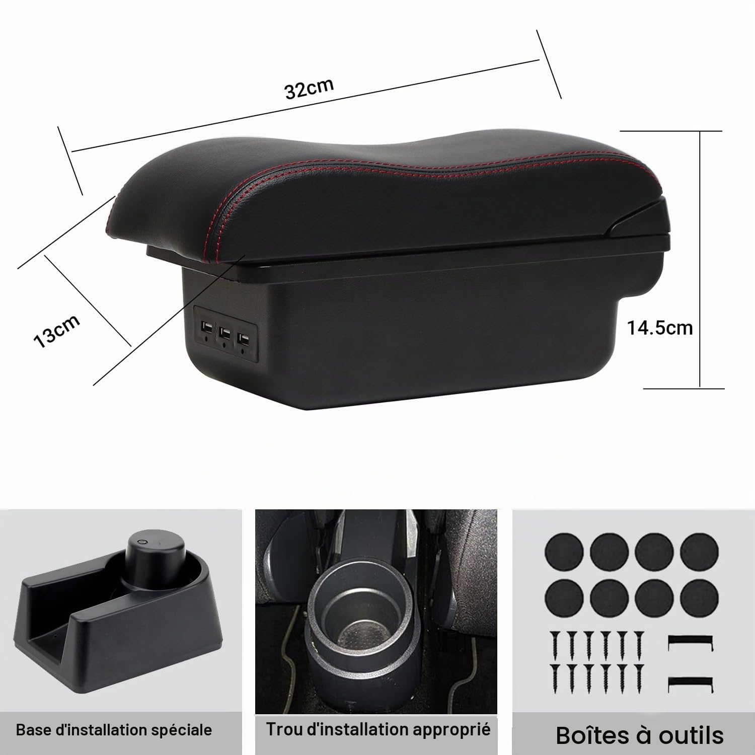 YJYWZH Accoudoir pour Seat Ibiza 6J Mk4 2008-2016 Design Incurvé 3 USB | 2 USB + 1 USB-C,Design ergonomique,Accoudoir pour console centrale,Double rangement,Cuir PU, Noir avec coutures rouges
