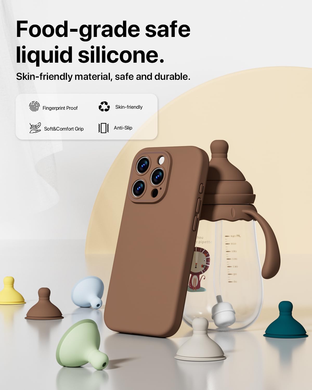 GOODVISH 3 in 1 Silicone Cover per iPhone 15 Pro 6.1" (2023), Custodia con 2 Pellicola Protettiva, Case per Cellulare Ultra Sottile Antiurto Resistente [Protezione Fotocamera], Marrone