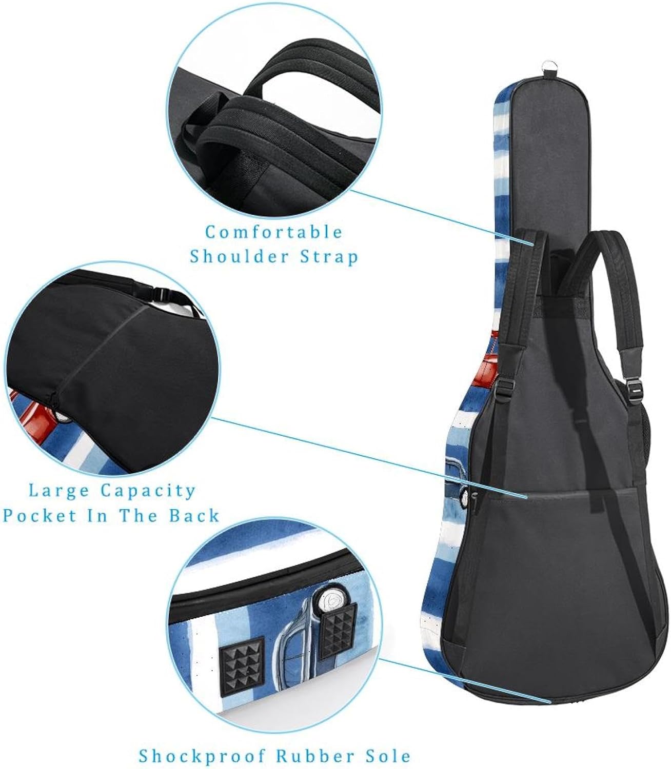 Cute Toy Cars Striped Blue Background Acoustic Guitar Gig Bag, 1 cm Thick Padding Waterproof Guitar Bag Backpack for 40 41 42 Inch Electric Bass Classical Guitars