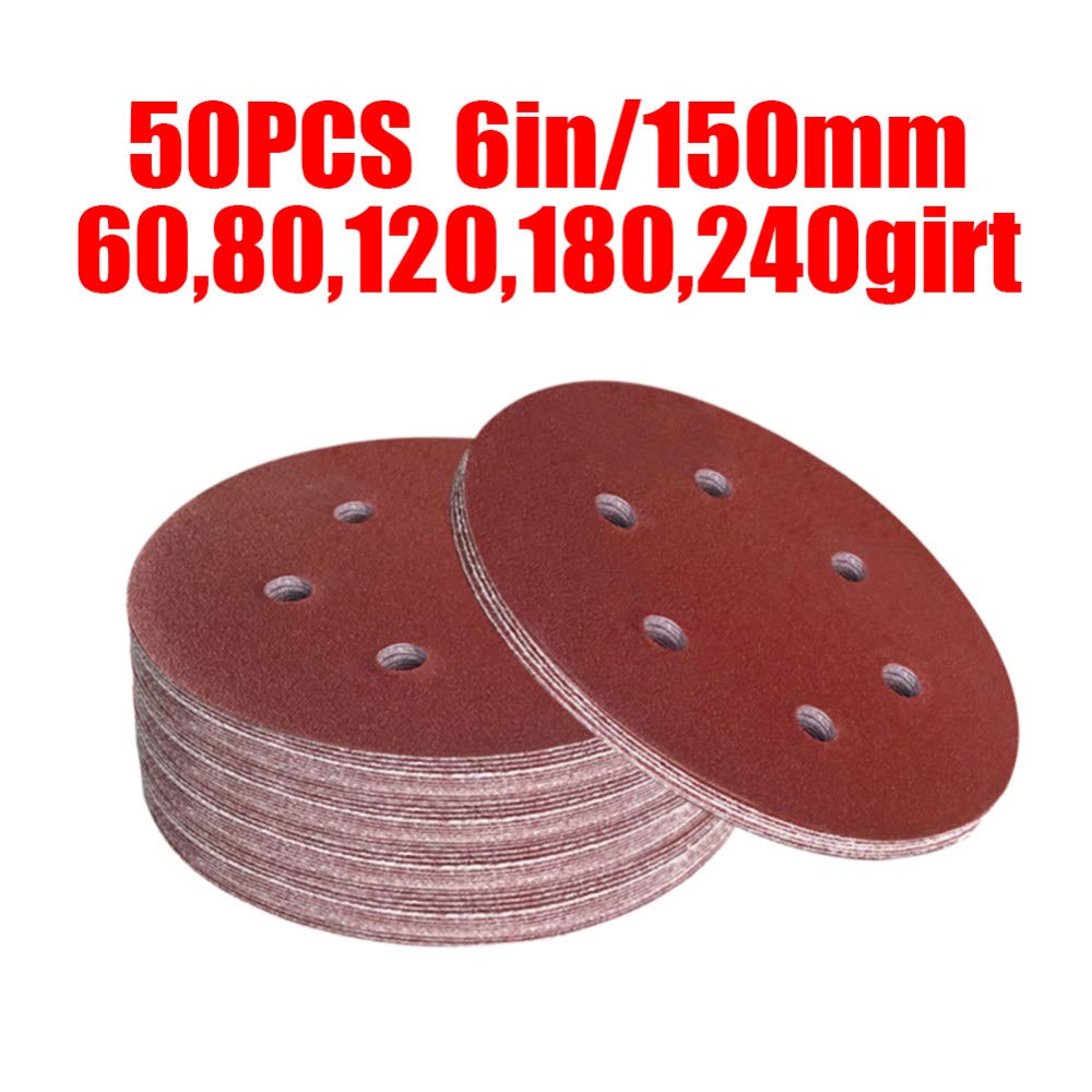 50 sztuk 6 Cal 150mm okrągły papier ścierny 6 otwór dysku arkusze piasku 60/80/120/180/240Grit hak i pętla ścierna tarcza ścierna do polerowania, 60,240 grit
