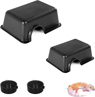 2 pcs Reptile Hide Box, Reptile Gecko Cave with Texture, Reptile and Amphibians Hide Hideout Houses for Lizard Turtle Gecko Chameleon Spider Scorpion with 2 Reptile Food Bowl (S, L)
