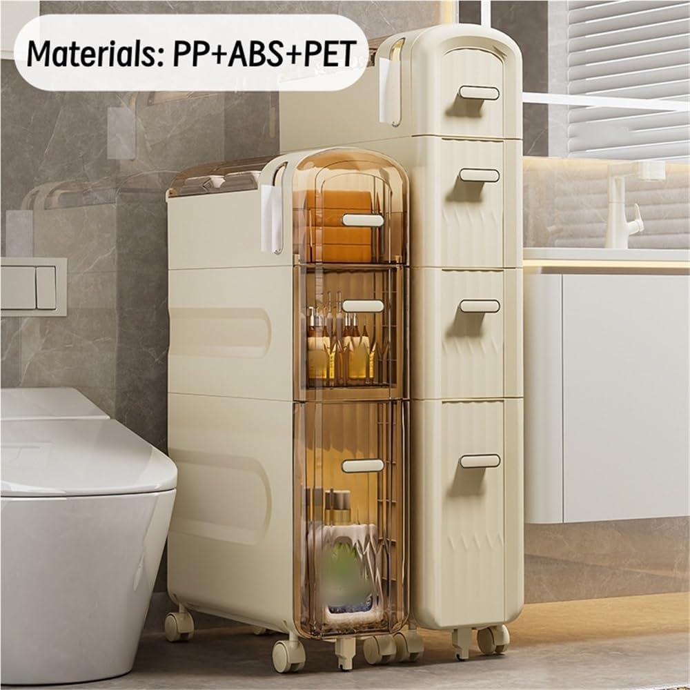 Multi-Layer Slim Storage Cart, Multifunctional Floor-Standing Bathroom Storage Cabinet with Wheels, Narrow Rolling Cart for Kitchen, Bathroom(White)