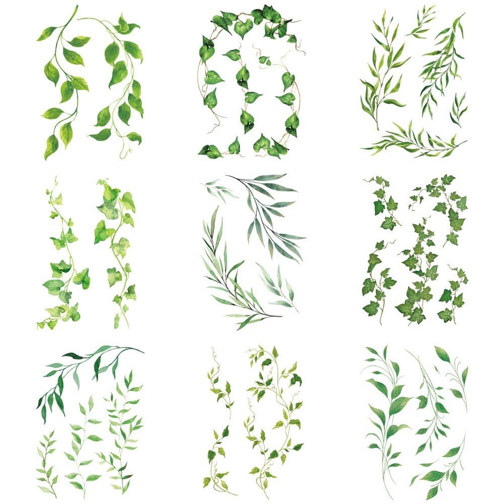 Sslvya Temporary Tattoos for Men Women, 9 Sheets Green Leaves Vine Fake Tattoo Stickers, Waterproof Body Art Tattoo for Arm Leg Neck