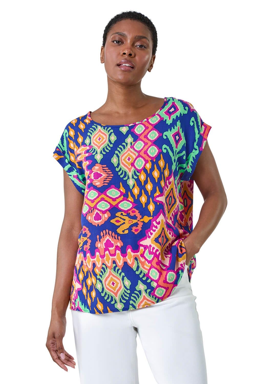 Roman Originals Women's Blue Aztec Paisley Print Short Sleeve Top For Uk - Everyday Holiday Spring Summer Round Neckline Comfy Soft Evening Vacation Work Party - Size 18
