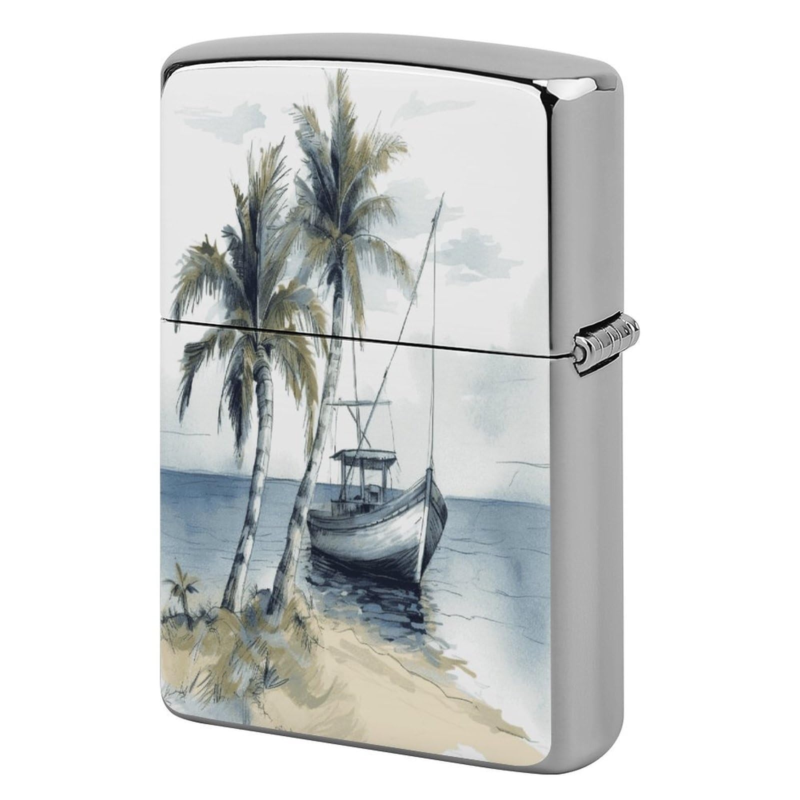 Fekiloot Style Palm Trees Fishing Boat Lighter Case Cover Metal Lighter Case