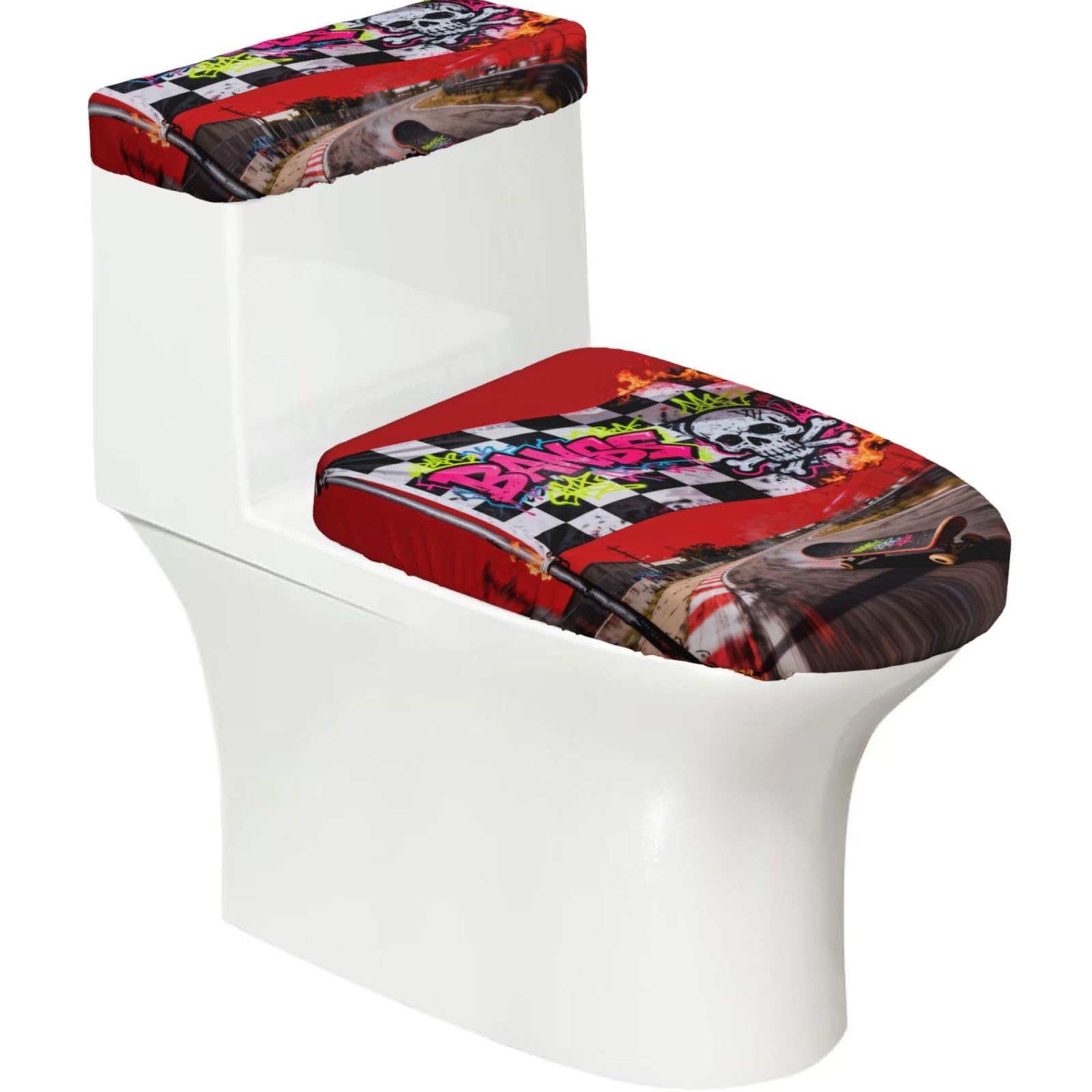Flag Graffiti Elastic Toilet Cover Set of 2-Stretchy Lid and Tank Covers for Bathroom, Soft Washable U Shape Toilet Decor