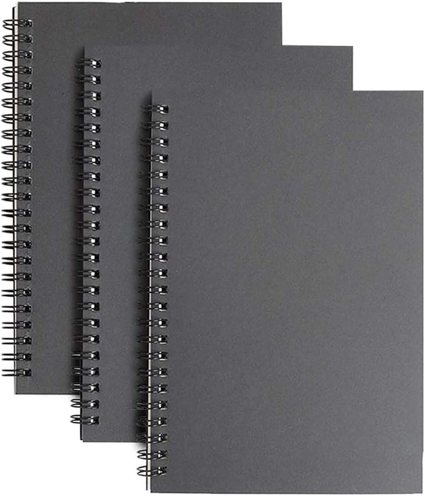 A5 Sketchbook 3 Pack,Soft Cover Spiral Notebook Kraft Cover Blank Sketch Pad,100 Pages/ 50 Sheets White Cartridge Paper Perfect for Travel(Black)