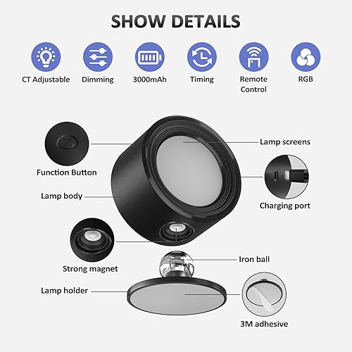 Miniatura 6 de Luces LED de pared, 2 piezas con control remoto, lámpara de pared RGB Ambience de 3000 mAh, funciona con batería, 3 temperaturas de color y
