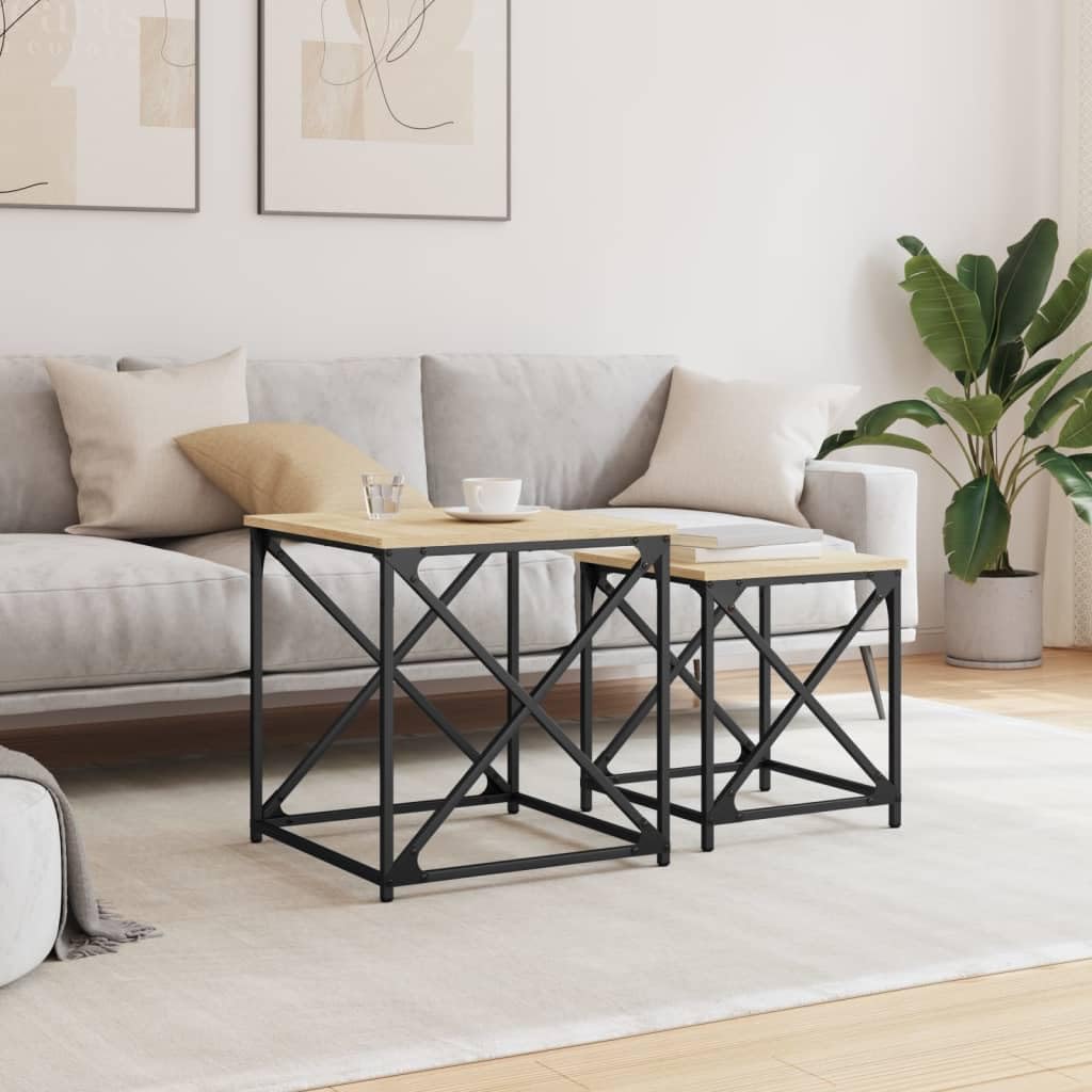 Juego de 2 mesas de café de roble Sonoma, 50 x 50 x 52,5 y 40 x 40 x 44,5 cm, estructura de metal, ahorro de espacio