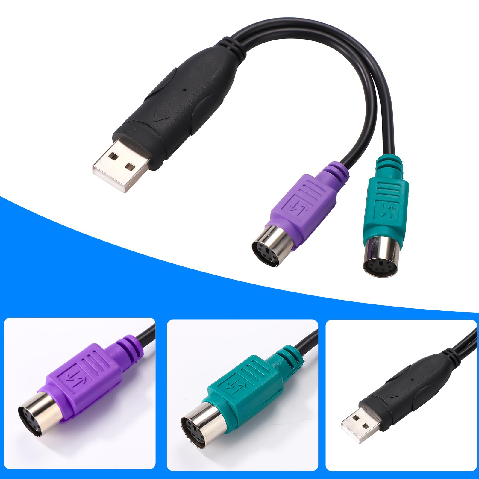 2szt Adapterów PS2 do USB, 18,9cm Długości Konwerter Klawiatury i Myszy PS/2 na USB (Porty Fioletowe i Zielone)