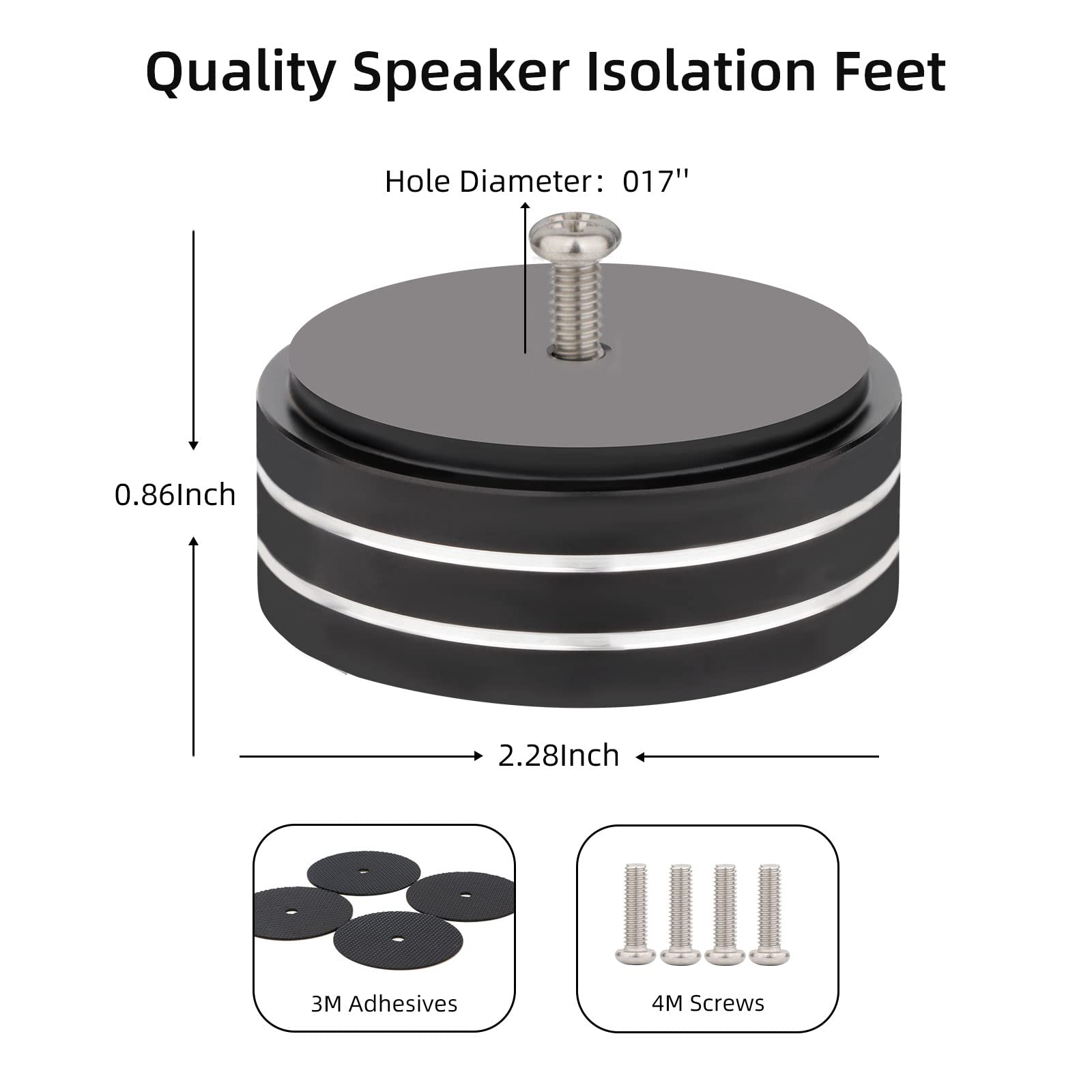 Piedini per altoparlante, 4 pezzi, 58 x 22 mm, per altoparlanti, subwoofer, piedini in alluminio con adesivi 3M, viti M4 per audio, altoparlanti, subwoofer, home theater (nero)