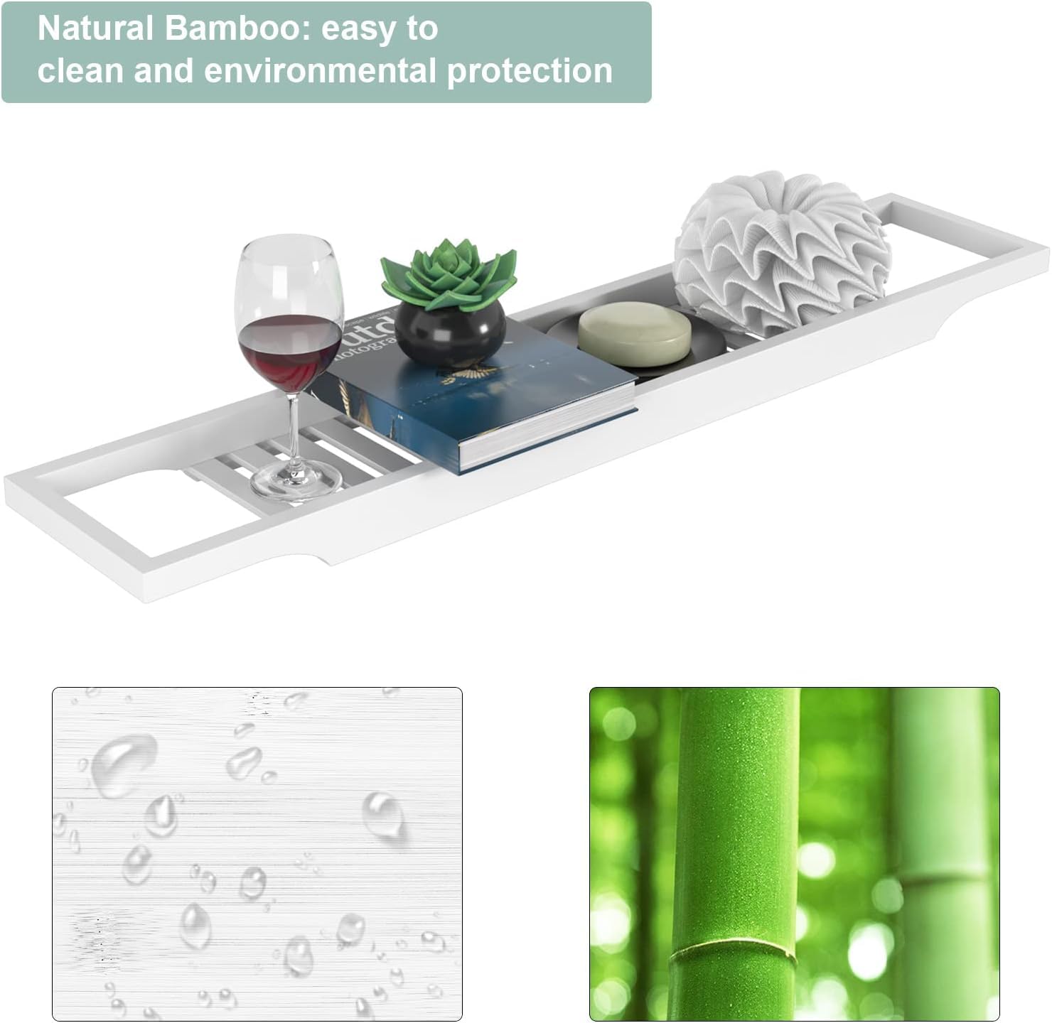 Bandejas de baño de bambú para bañeras estrechas, bandeja de accesorios resistente al agua para velas, teléfono, copas de vino, organizador de estante de ducha, color natural