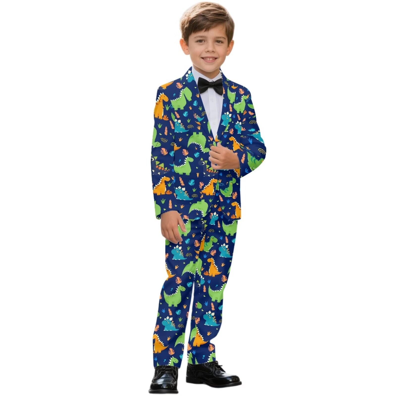 Biyejit 2-teiliges Jungenanzug-Set mit einem Knopf, Blazer und Hose, formelle Smokingjacke für Hochzeit, Party, Outfit, 5–14 Jahre, Dinosaurier, 7-8 Jahre
