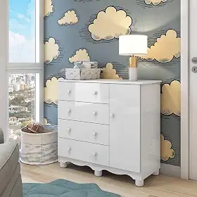 Cômoda de Bebê 1 Porta 4 Gavetas Junior Móveis Peroba Branco Brilho