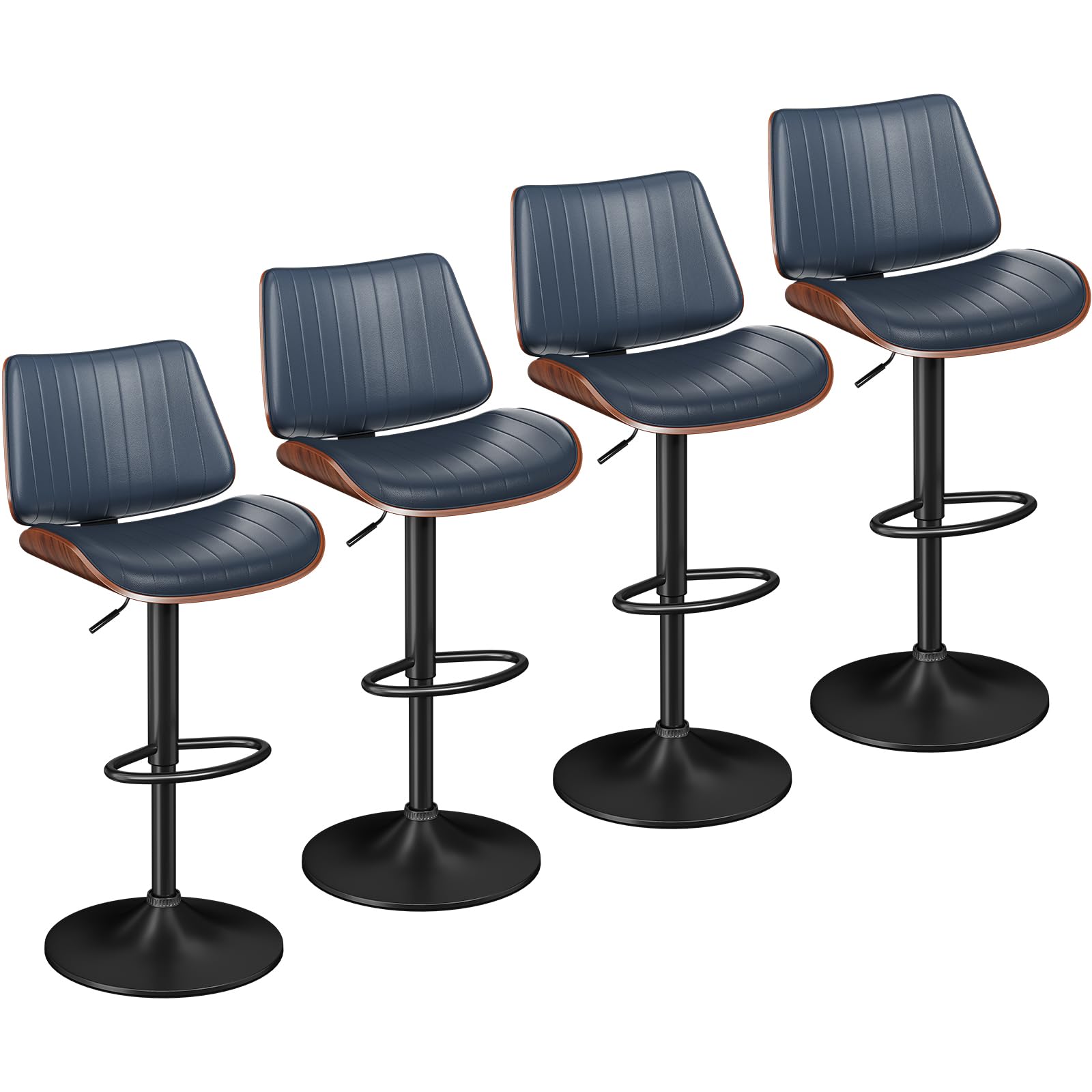 YaFiti Bar Stools Set of 4, Modern Bar Stools with Bentwood Back and Leather Seat, Swivel Barstools for Kitchen Counter, Bar, Blue