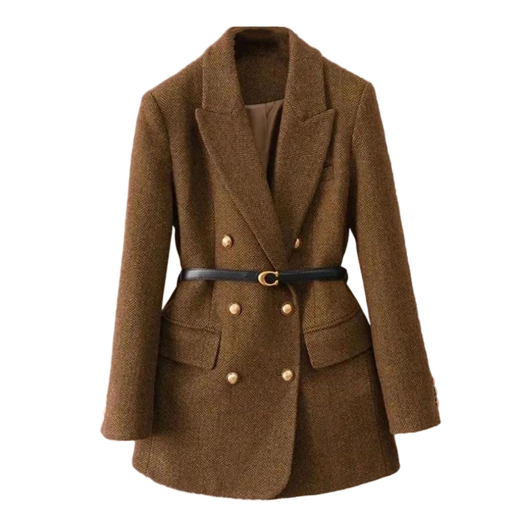 Women Double-Row Blazer Suit Jacket Long Sleeve High-End Korean Medium-Length Woolen Top