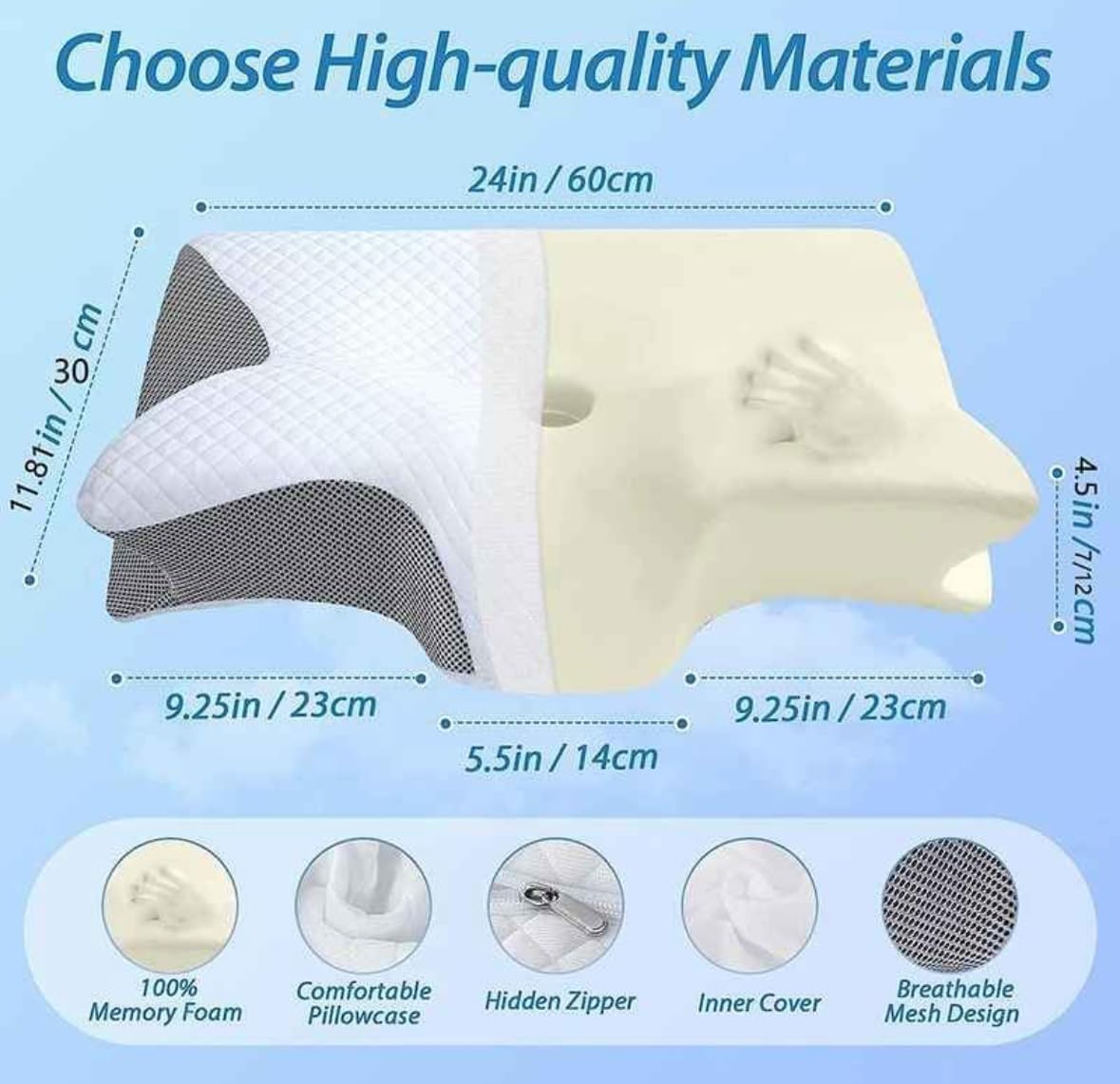 Cuscino cervicale in memory foam, cuscino ortopedico ergonomico 2 in 1, per dolori al collo, 61 x 45,7 cm, rete traspirante