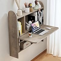 TuckTect Wall Mounted Drop-Leaf Folding Desk with Shelves - Floating Laptop Workstation, Space-Saving Storage for Home Office (Rustic Oak)