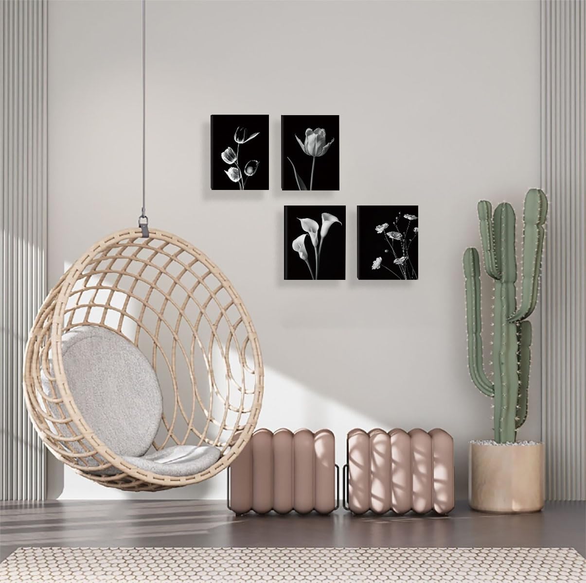 Set of 4 Black and White Flower Plant Wall Art Prints - Vintage Style Wall Decor for Living Room, Bedroom, Bathroom, and Office - Rustic Canvas Posters - 8 x 10 Inch Framed Farmhouse Decor