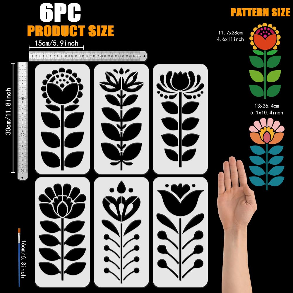 FINGERINSPIRE 6 Pz Stencil a Strisce Lunghe con Pennello 30x15cm Riutilizzabile Motivo Floreale Motivo Folk Art Stencil per Pittura su Pareti, Legno, Tessuto, Mobili, Decorazioni Fai da Te per La Casa