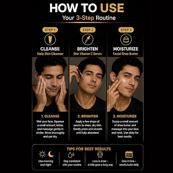 Mens Natural Skin Care Set Face Cleanser, Vitamin C Serum & Shea Butter Moisturizer 3 Step Daily Routine for Men Skincare Gift Set for All Skin Types