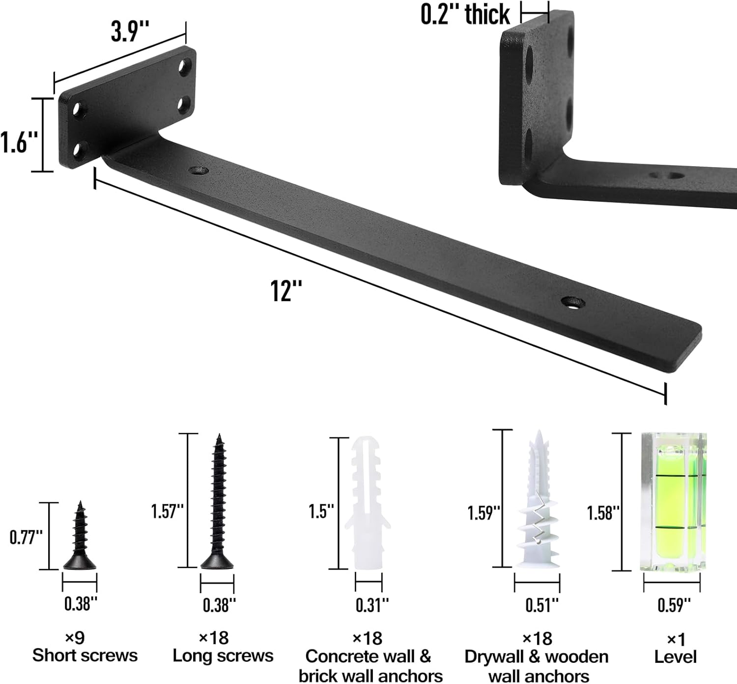 HITOMEN Heavy Duty Floating Shelf Brackets, 12-Inch (1/5'' Thick) Hidden Shelves Hardware, Iron L Brackets, Rustic Industrial Black Metal Wall Shelving Supports, 4 Pack