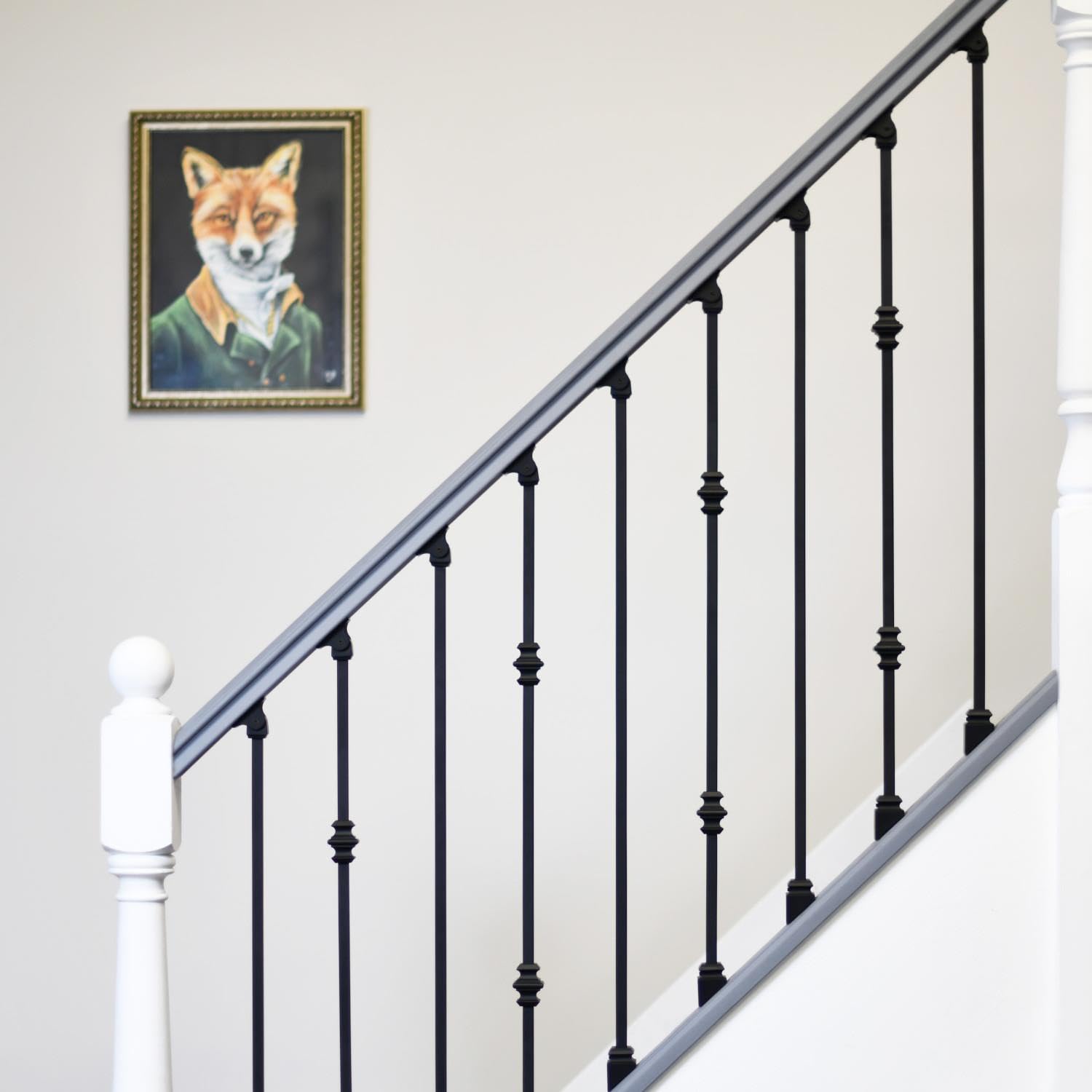 Set of 2 Matte Black "Enfield" Steel Stair Spindles - Pattern 3 - with Fixed and Adjustable Rake Brackets