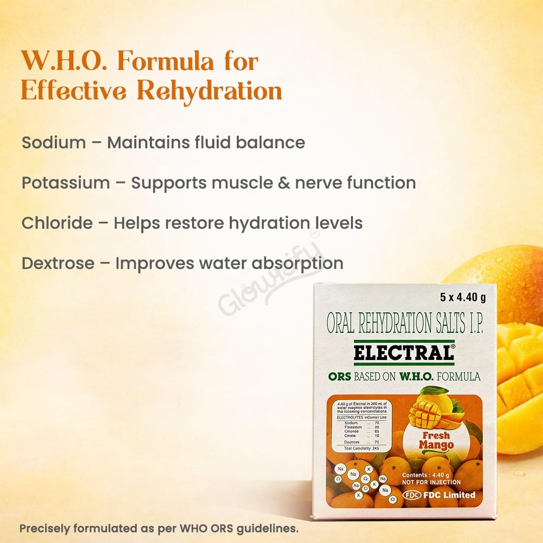 ELECTRAL Oral Rehydration Salts I.P., WHO Formula, 50 Sachets, 4.4g Each (Fresh Mango) 3