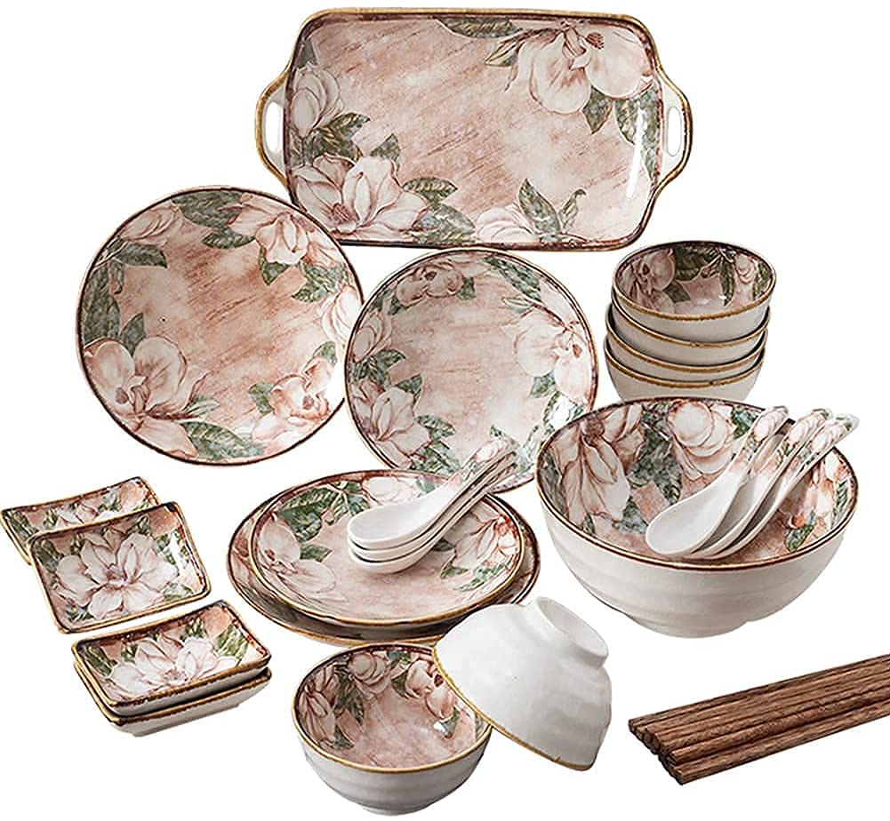 20-częściowy porcelanowy zestaw zastawy stołowej – kwiatowy zestaw naczyń ceramicznych z talerzami i miseczkami do domowej kuchni – elegancka kolekcja zastawy stołowej do jadalni i rozrywki