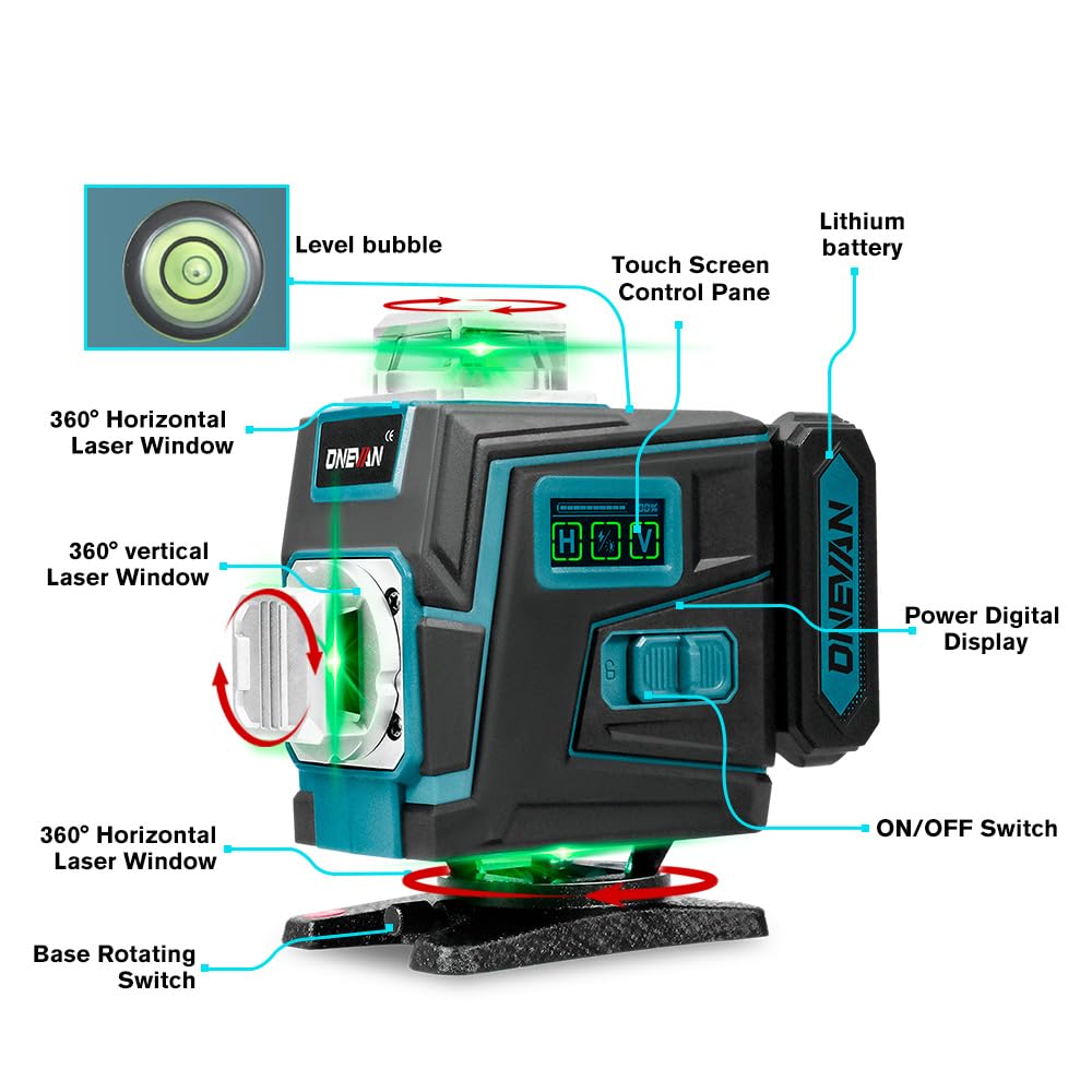 ONEVAN Livella Laser con Treppiede, 4D 360° Laser Autolivellante, Auto-Livellante ±3°, Raggio 30 m, 2 Batterie 4800 mAh, App & Telecomando, per Piastrelle, Soffitti e Appendi Quadri