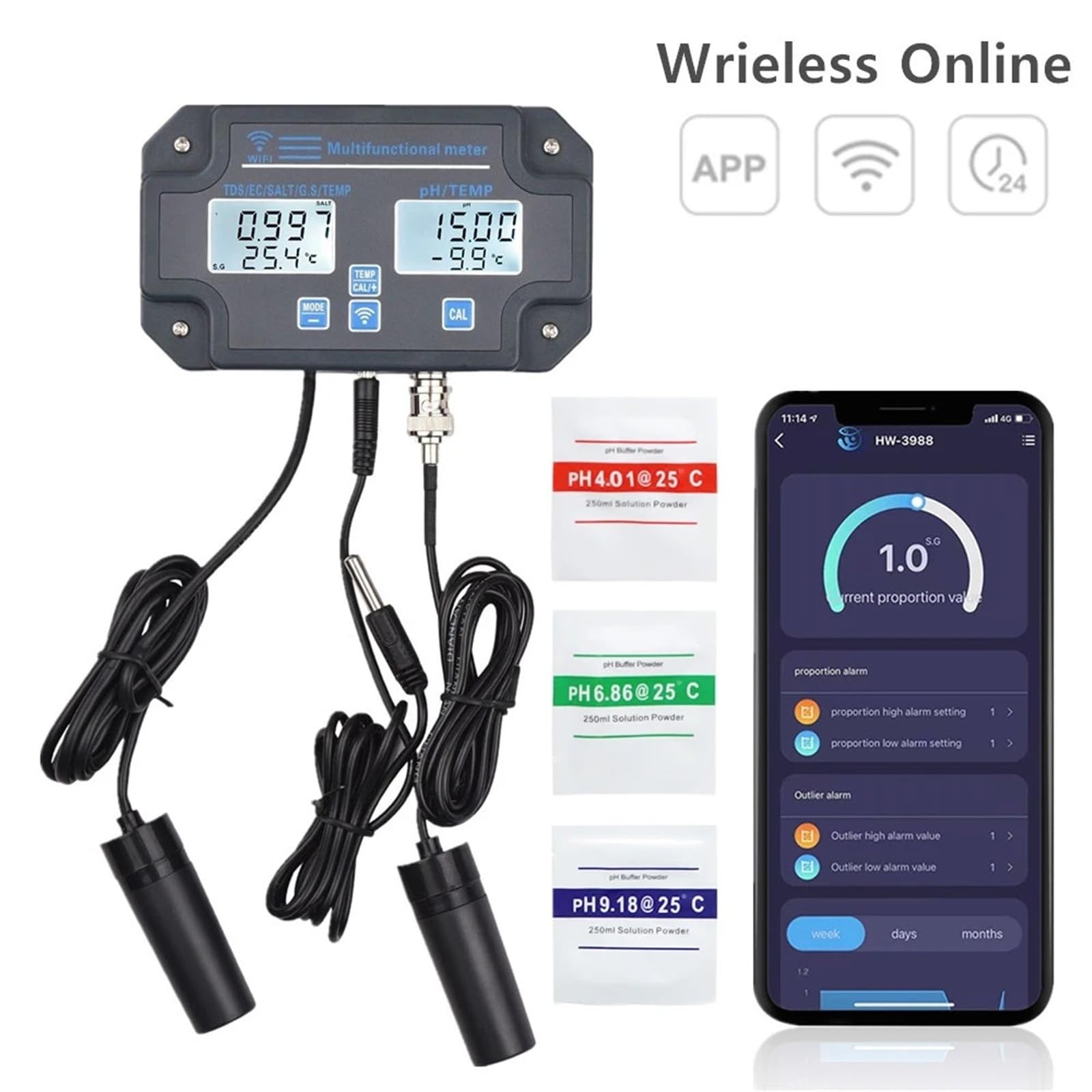 Tester digitale della qualità acqua Wi-Fi 6 in 1 PH/EC/TDS/SALE/GS/Temperatura Analizzatore APP Controllo intelligente Monitoraggio remoto online,Multifunzionale