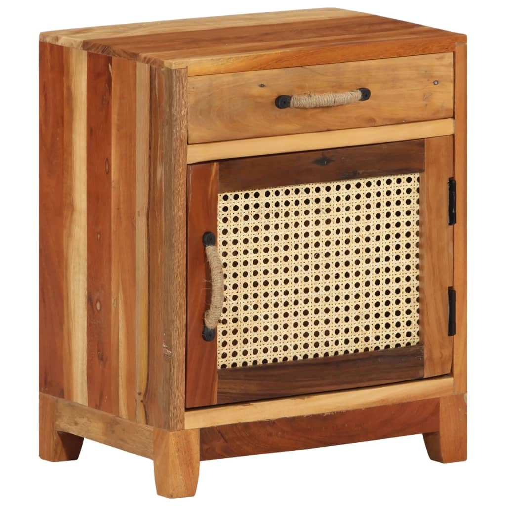 Mesita de Noche de Madera Maciza Reciclada Estilo Vintage con Puerta de Caña Natural, Hecha a Mano con Vetas Únicas, Fácil de Montar para Dormitorio o Salón