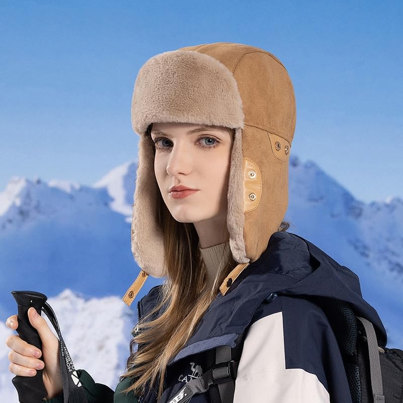 Women Men Winter Trapper Hats Ear Flaps Hunting Hat Outdoor Ski Snow Windproof Cap(Khaki,M)
