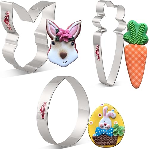 LILIAO Spring Easter - Juego de 3 cortadores de galletas de Pascua, huevos de Pascua, cara de conejo y zanahoria, sándwich de fondant, cortadores de